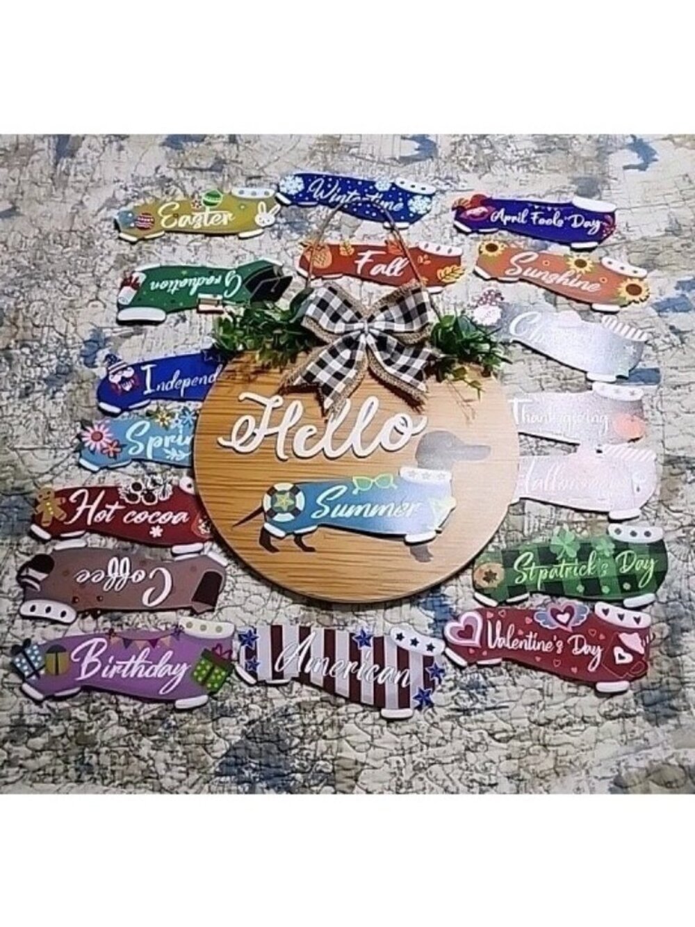 Seasonal Dachshund Door Decor 18 Interchangeable Outfits Holiday Hello Sign